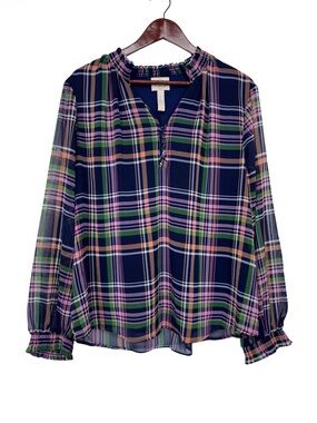 St. John’s Bay Plaid Blouse W/ Sheer Long Sleeves Navy Purple Pink Green Orange